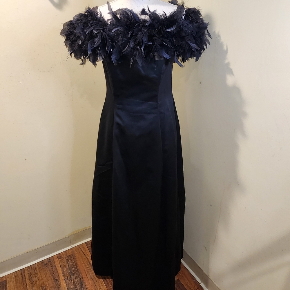 Morgan & Co. Off-Shoulder Feather Trim Black Maxi Dress